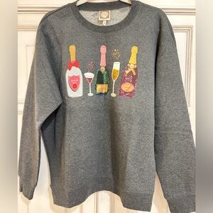NWT SZ L Truself Chic Gray Sweater with Colorful Embellished Champagne Design